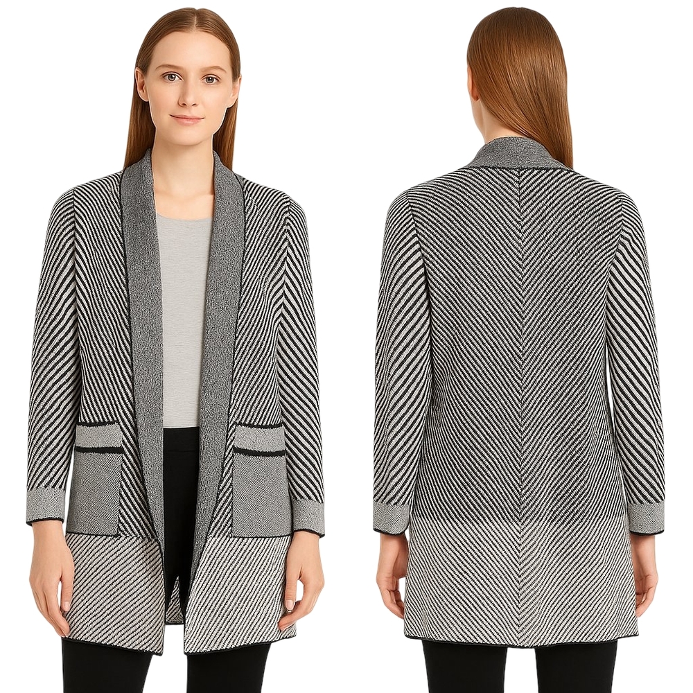 SIONI Open Front Cardigan Womens Small Black White Chevron Knit Chic Cozy Winter
